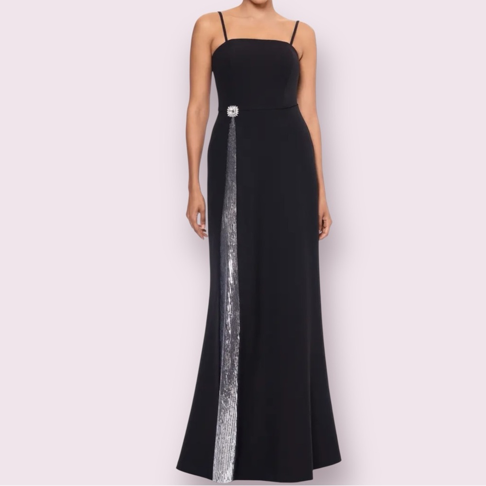 Betsy & Adam Sequin trim square neck a line gown Ladies size 12 Black silver